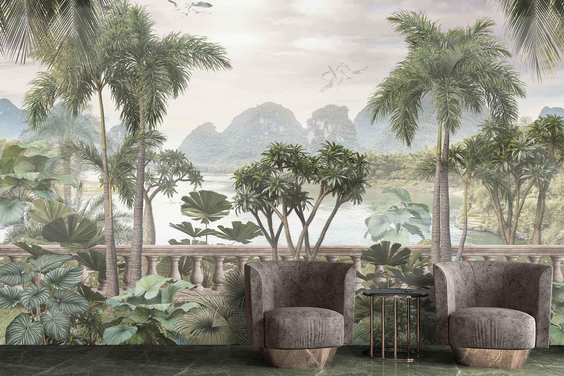 Tropical-themed mural, lush landscape, tall palm trees, dense foliage, misty mountains, green hues, natural elements.