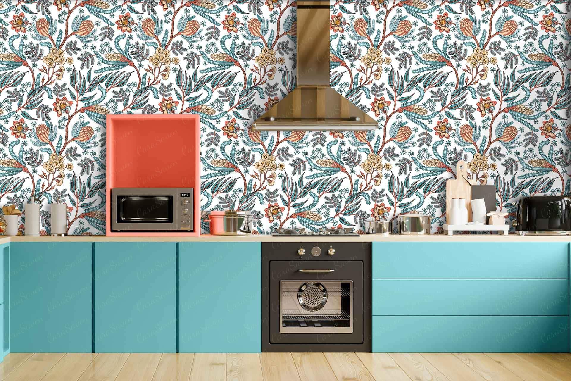 The wallpaper features a floral pattern with intricate designs reminiscent of historical drama scenes. Key elements include flowers, vines, and leaves in soft pastel colors like blush pink, lavender, sage green, and cream against a muted background. This detailed and vibrant pattern evokes a vintage charm and elegance.