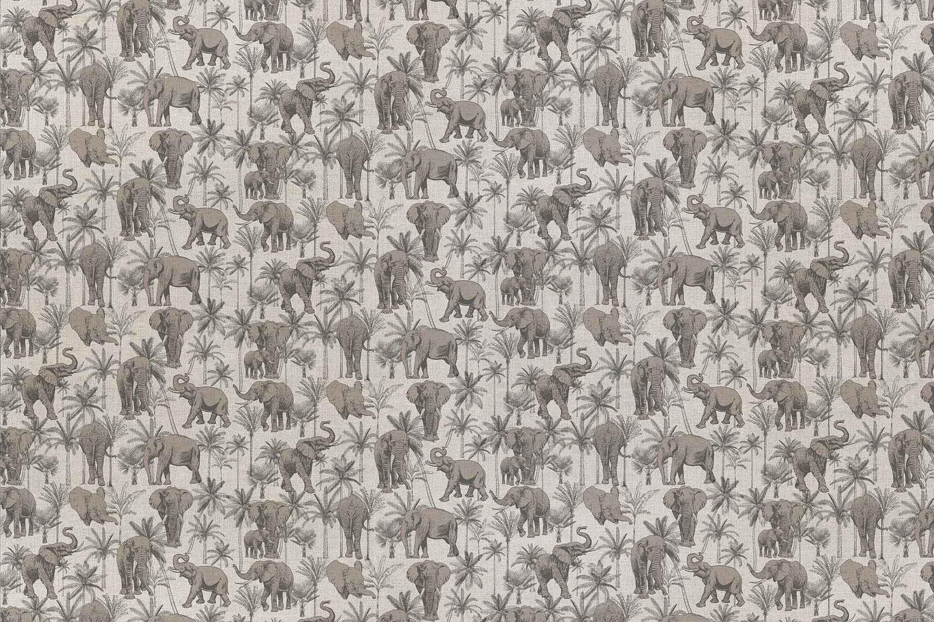 Repeating pattern wallpaper featuring elephants on the march amidst various trees. Includes palm trees and other jungle vegetation. Uses a muted, natural color palette with shades of grey, brown, and green. Creates a dense, safari-like jungle scene.