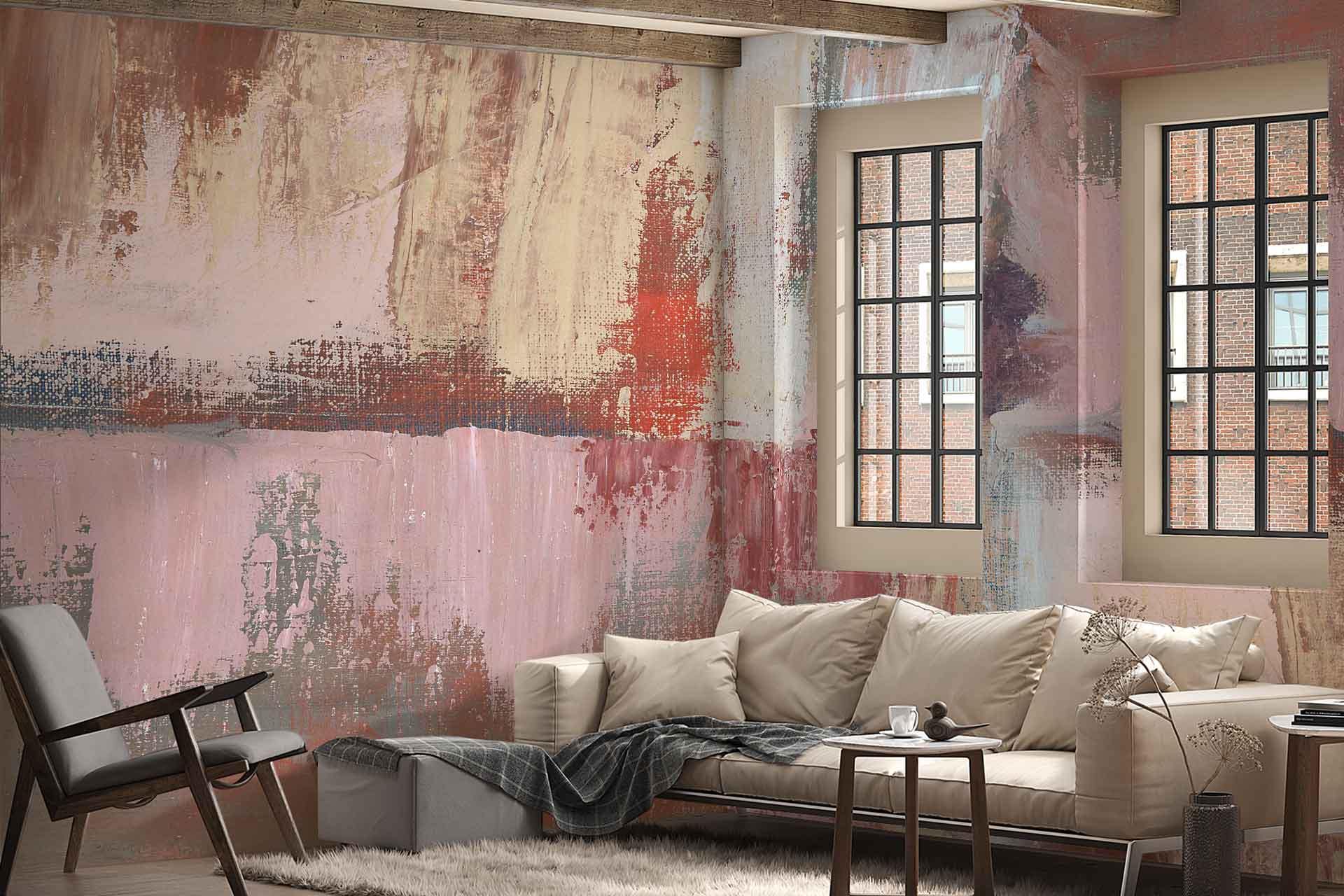 Abstract textured wallpaper with pink, red, and beige hues.