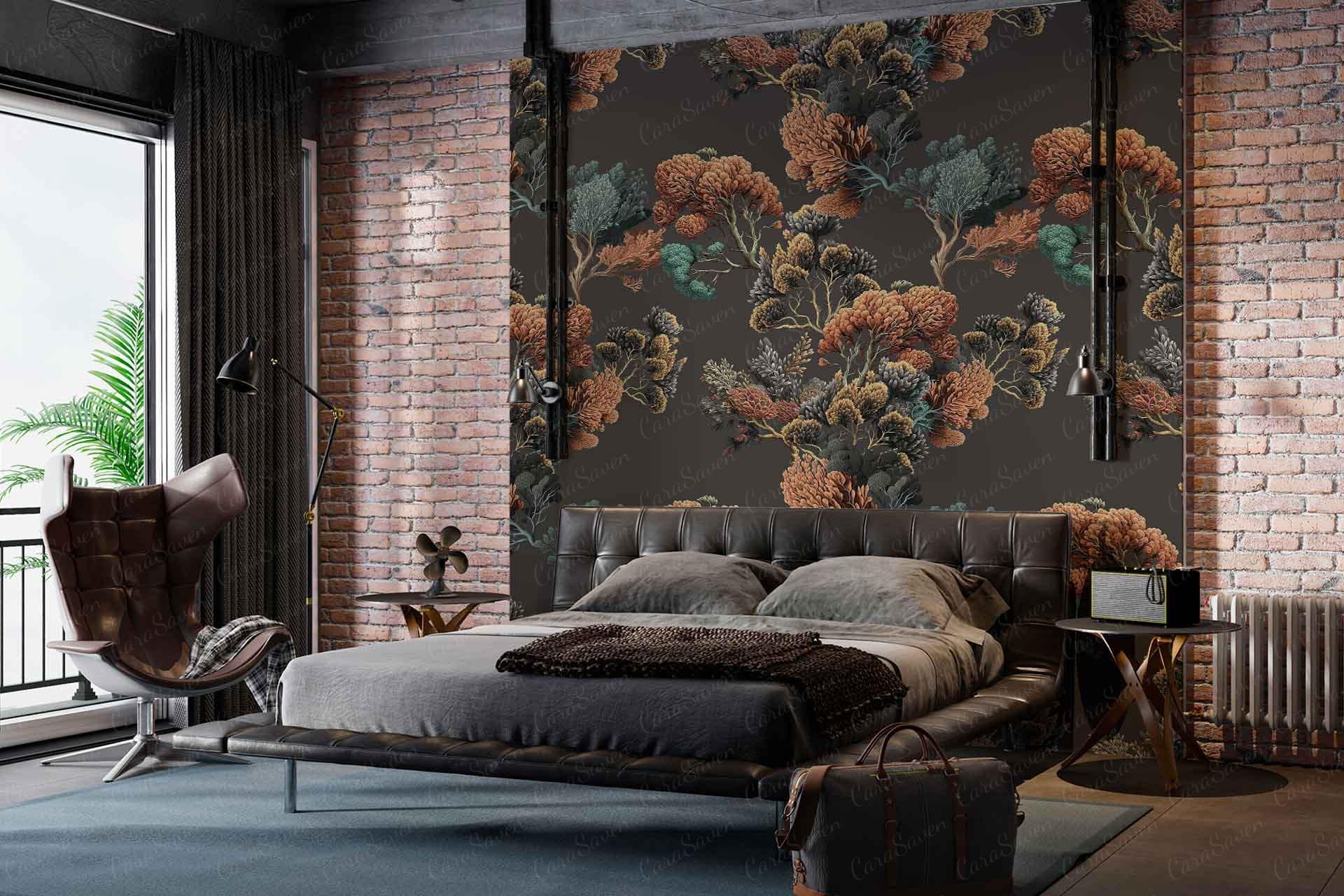 Floral-patterned accent wall, large flowers, vibrant colors, botanical design, intricate details. Colors: shades of red, pink, green foliage on a light or neutral background.