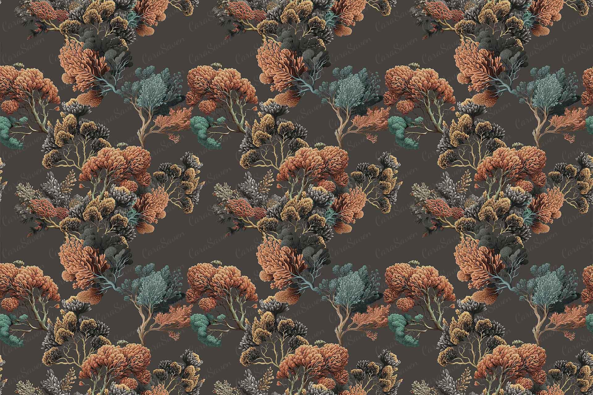 Seamless pattern wallpaper with intricate floral designs, featuring orange, teal, and beige leaves and flowers on dark backgrounds. Dense, overlapping arrangement with detailed, nature-inspired aesthetics reminiscent of vibrant beach sunsets. Perfectly captures the essence of coastal dusk hues in a rich display of organic elements.