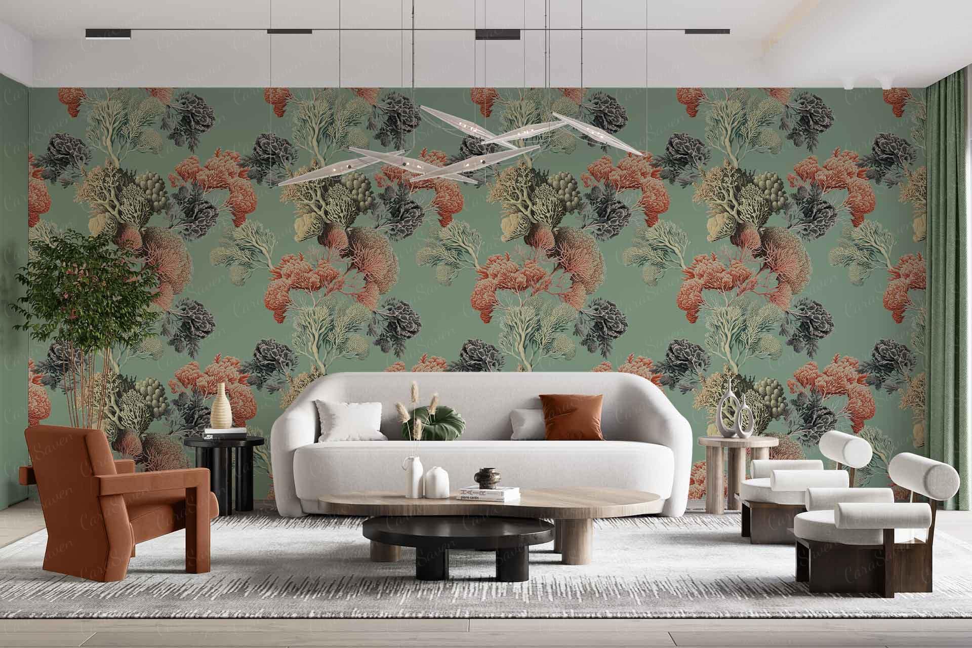 The bold floral-patterned wallpaper in the modern living room features shades of green, orange, and beige. This eye-catching design element highlights vibrant flowers and foliage, creating a natural yet dynamic backdrop for the space. Ideal for search functions focusing on colors: green, orange, beige; elements: floral pattern.