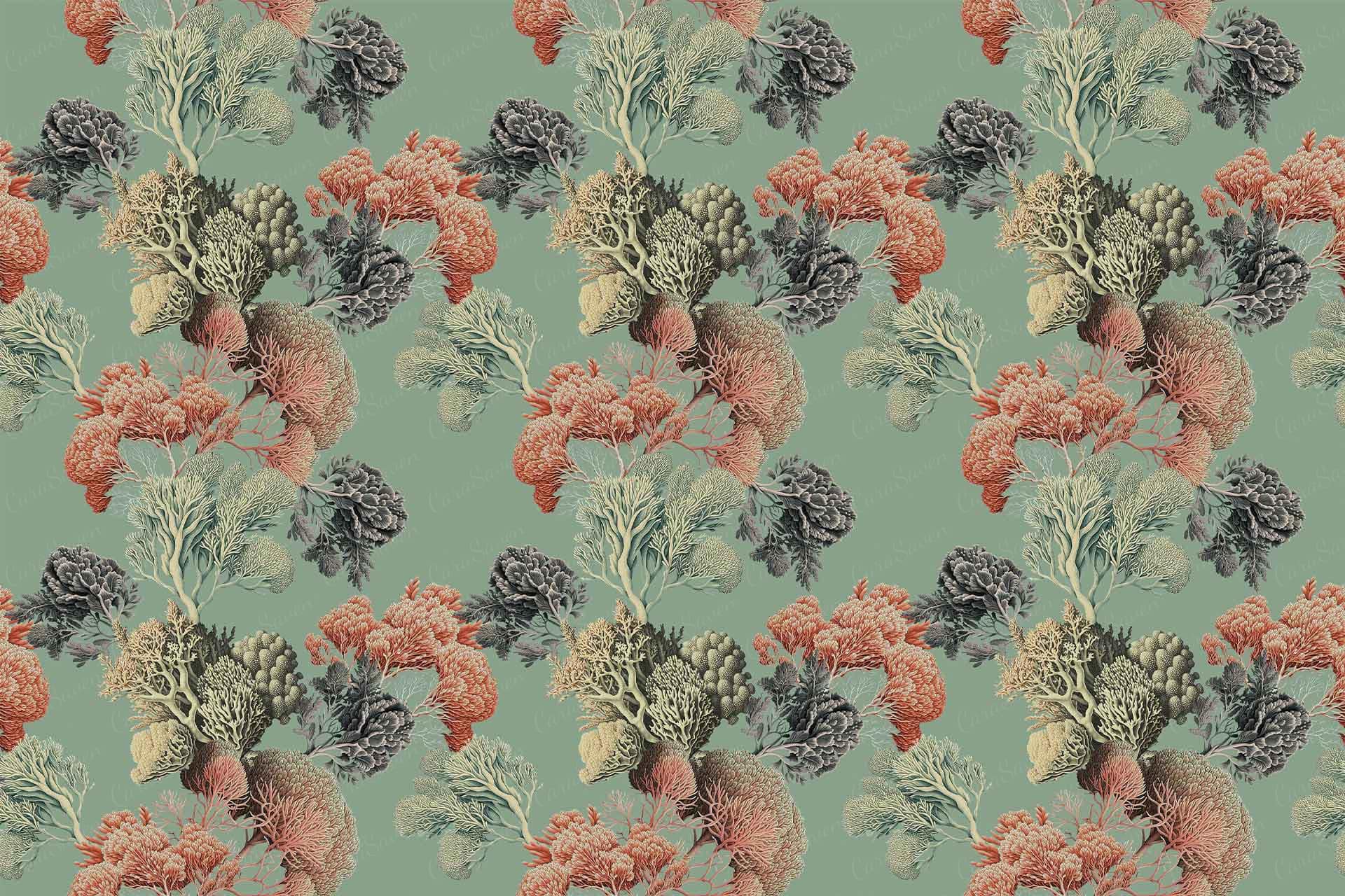 Wallpaper features an intricate repeating pattern of red, cream, and soft green corals set against a muted teal background. Richly detailed coral designs create a textured, tranquil beach aesthetic.
