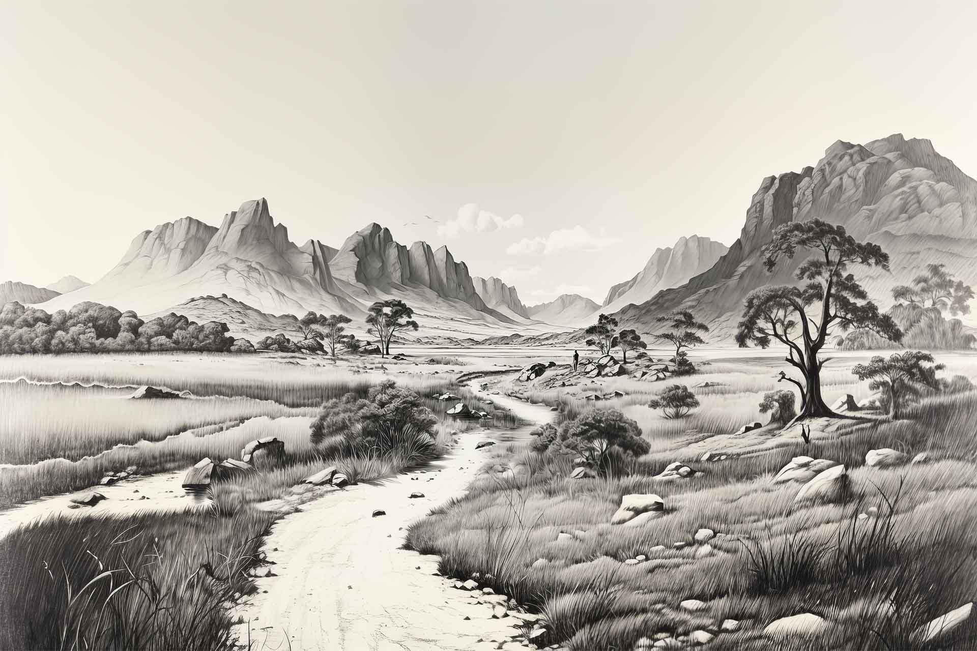 A monochrome landscape wallpaper titled "Walk with Me" features a winding dirt path through grass and rocks, leading to distant jagged mountain peaks. Trees and bushes scatter along the path, flanked by rising hills under a sky dotted with clouds. The illustration employs shades of black, white, and gray to create depth and contrast in the scene.