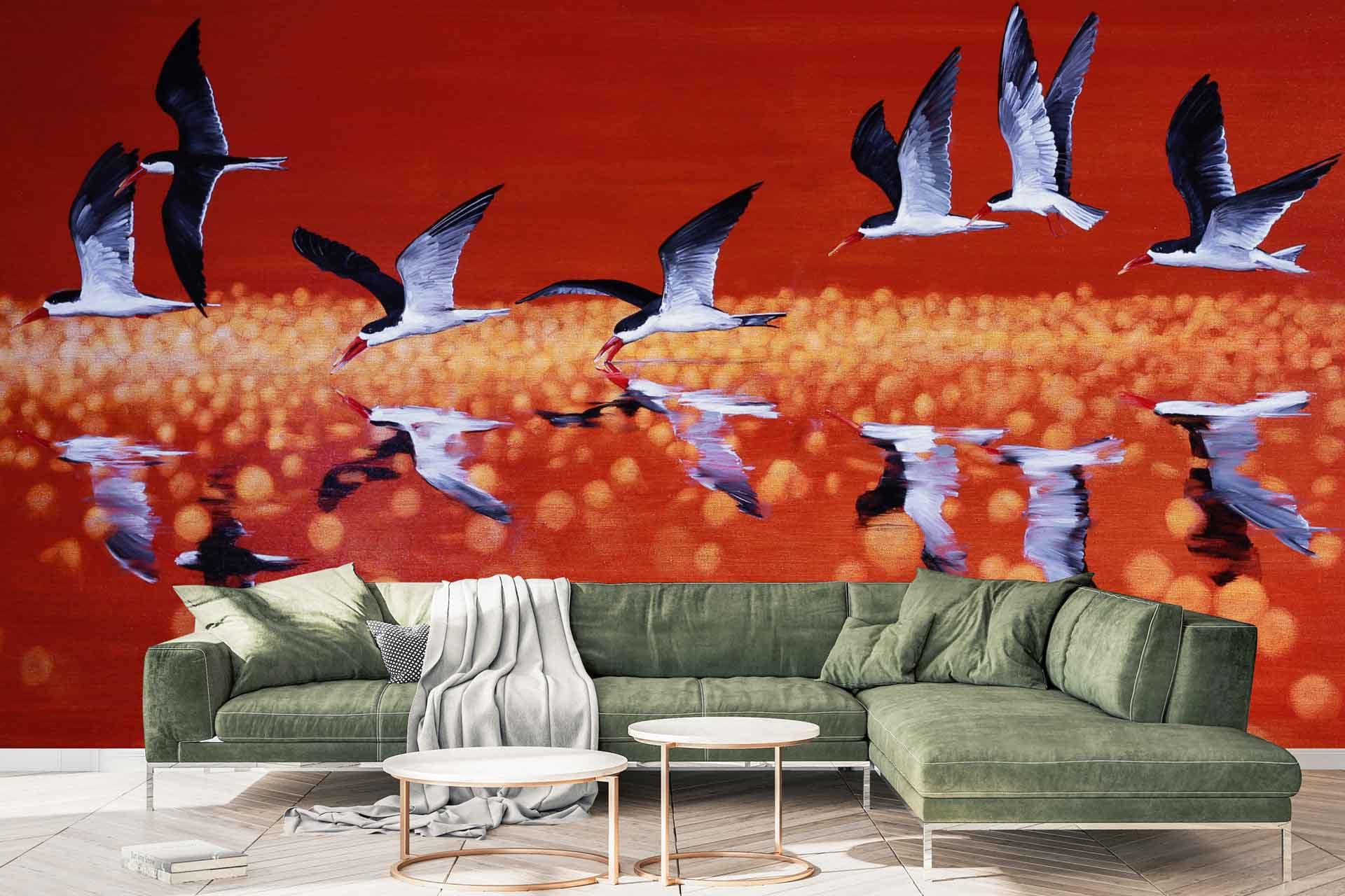 Vibrant mural of messenger birds in flight, glowing orange-hued water surface.