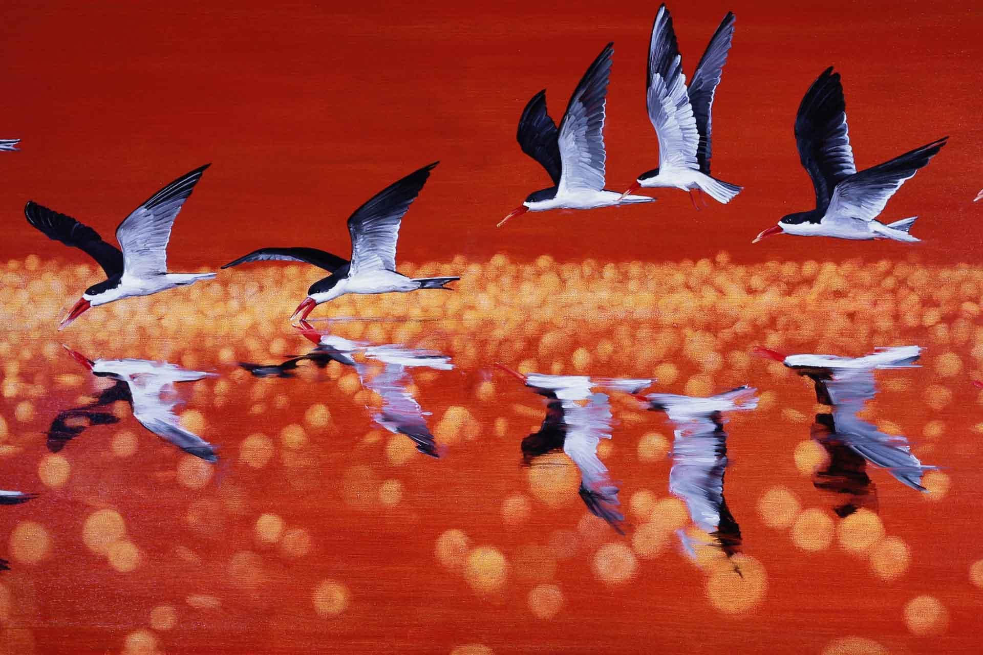 Black and white birds, long red beaks, flying low, serene water surface, reflections, mesmerizing effect. Background: vivid gradient of red and orange hues, abstract sunset, soft glowing orbs of light.