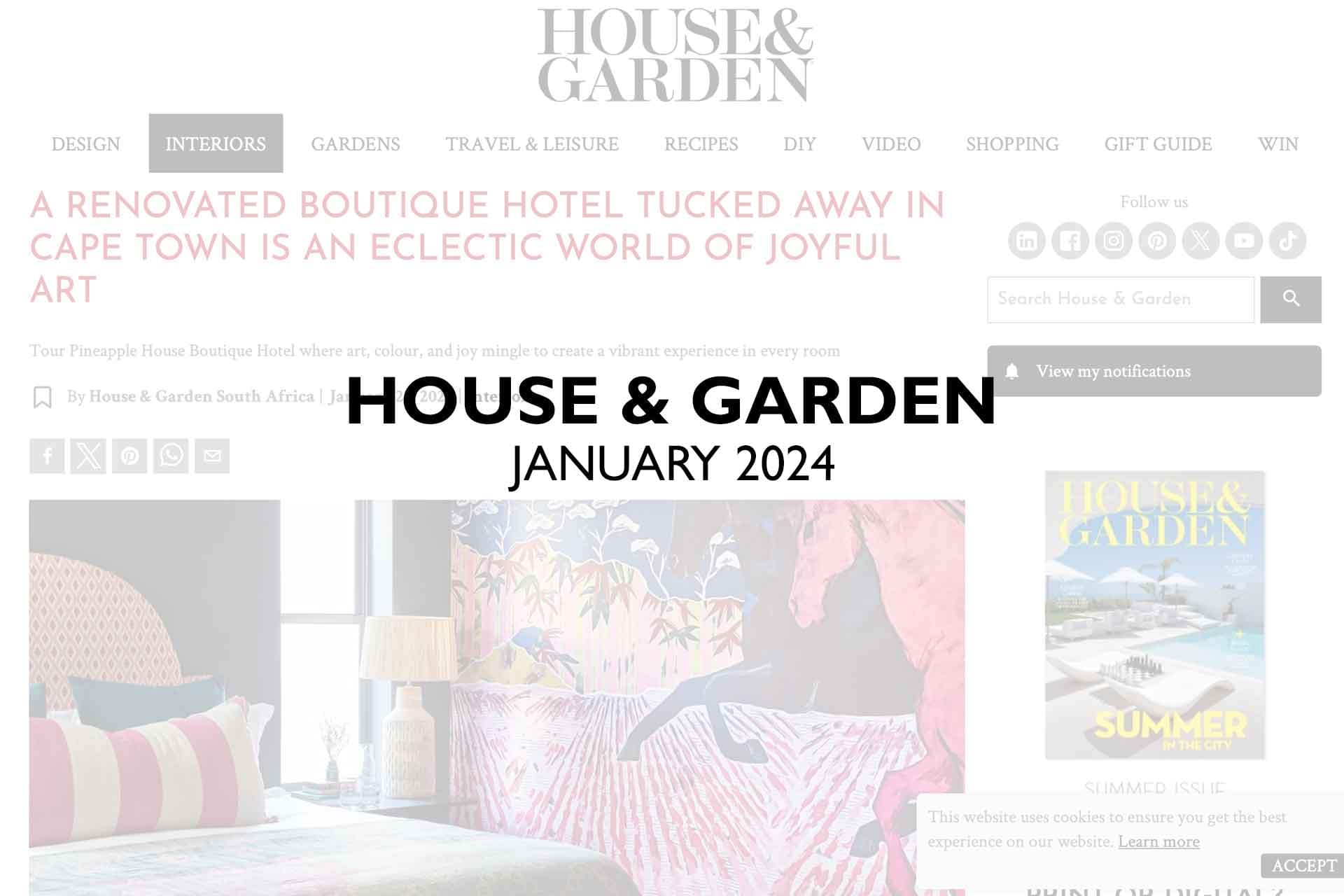 A Renovated Boutique Hotel Tucked Away in Cape Town is an Eclectic World of Joyful Art
January 2024 | House & Garden Magazine

Wallpaper Highlight:
- Tropical foliage
- Bold florals
- Bright greens, pinks, and blues
- Intricate patterns with gold accents