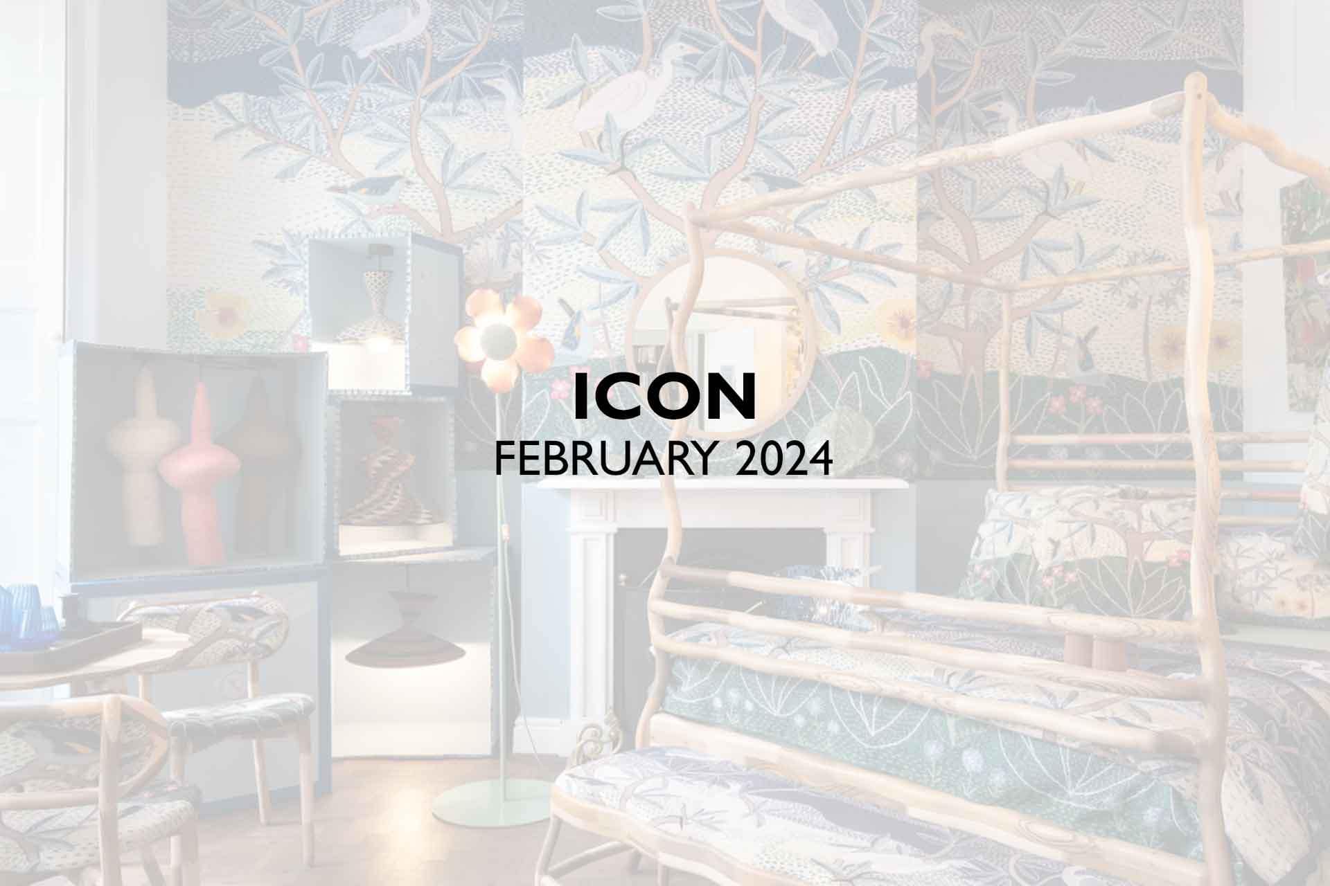 The wallpaper features a dynamic mix of floral, geometric, and abstract patterns. Colors include vivid blues, rich reds, sunny yellows, and lush greens. The eclectic design is both eye-catching and harmoniously balanced with the bold decor of "ICON" and "FEBRUARY 2024.