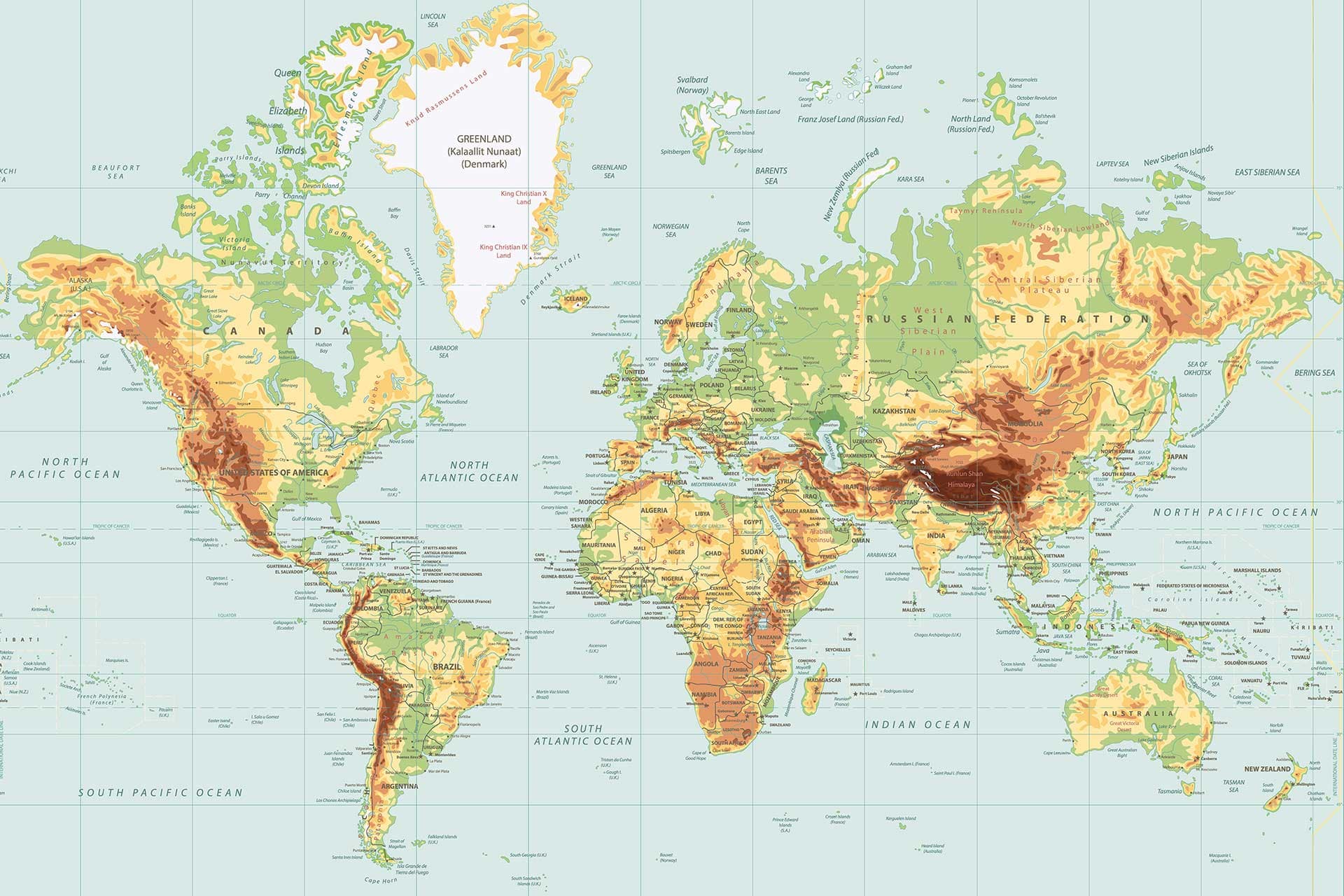 A detailed physical world map under the Coral Moon, highlighting:
- **Continents and Oceans**
- **Elevation color gradients**: 
  - Green for lowlands
  - Yellow for higher elevations
  - Brown for mountainous regions
- Prominent major mountain ranges and highlands

Key elements:
- Varied topography under a Coral Moon theme.
- Distinct elevation markings with gradient colors.

Colors to search:
- Green (lowlands)
- Yellow (higher elevations)
- Brown (mountainous regions)

Focus on "**Coral Moon**" themed map showcasing physical world features and elevation.