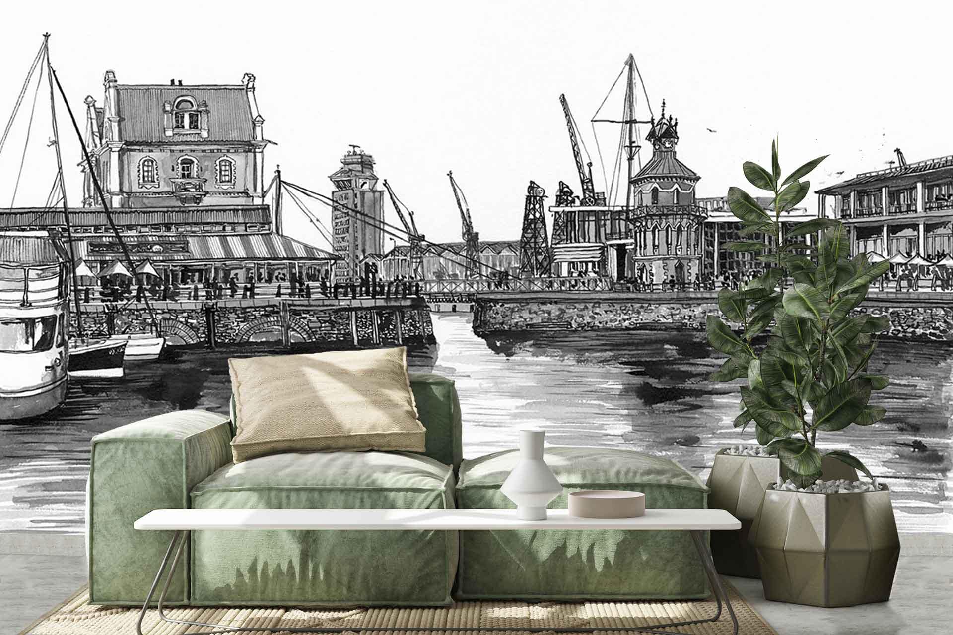 The wall mural features a black-and-white depiction of a harbor scene, showcasing ships and historic buildings. Key elements include docks, sailboats, old architecture, and waterfront imagery.