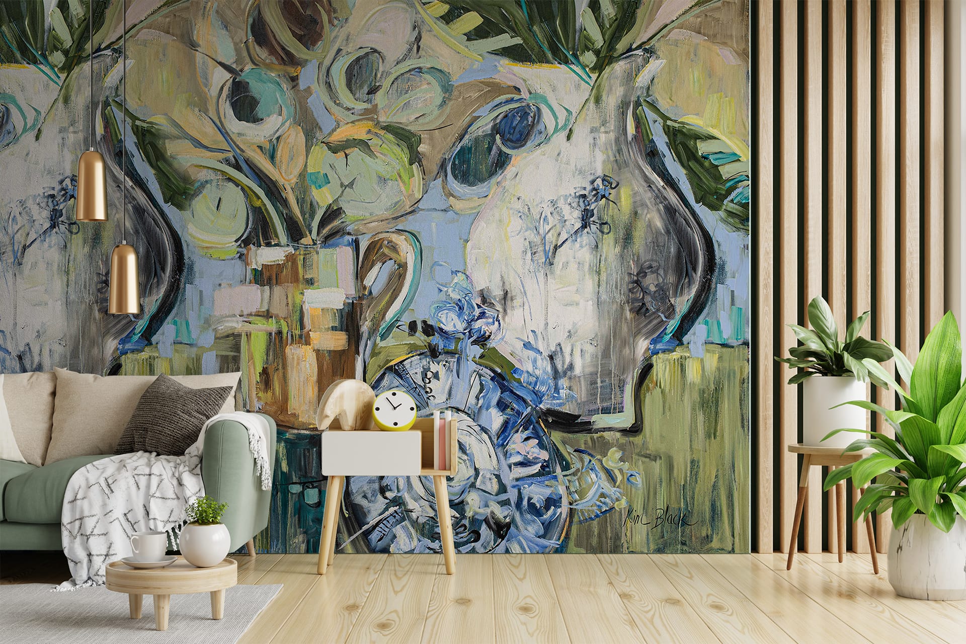 A modern living room features a large colorful mural with abstract elements. It showcases vases and flowers in bold, vibrant hues, creating an artistic focal point. The design includes a mix of bright colors such as reds, blues, yellows, and greens against a dynamic backdrop that highlights creativity and adds energy to the space.