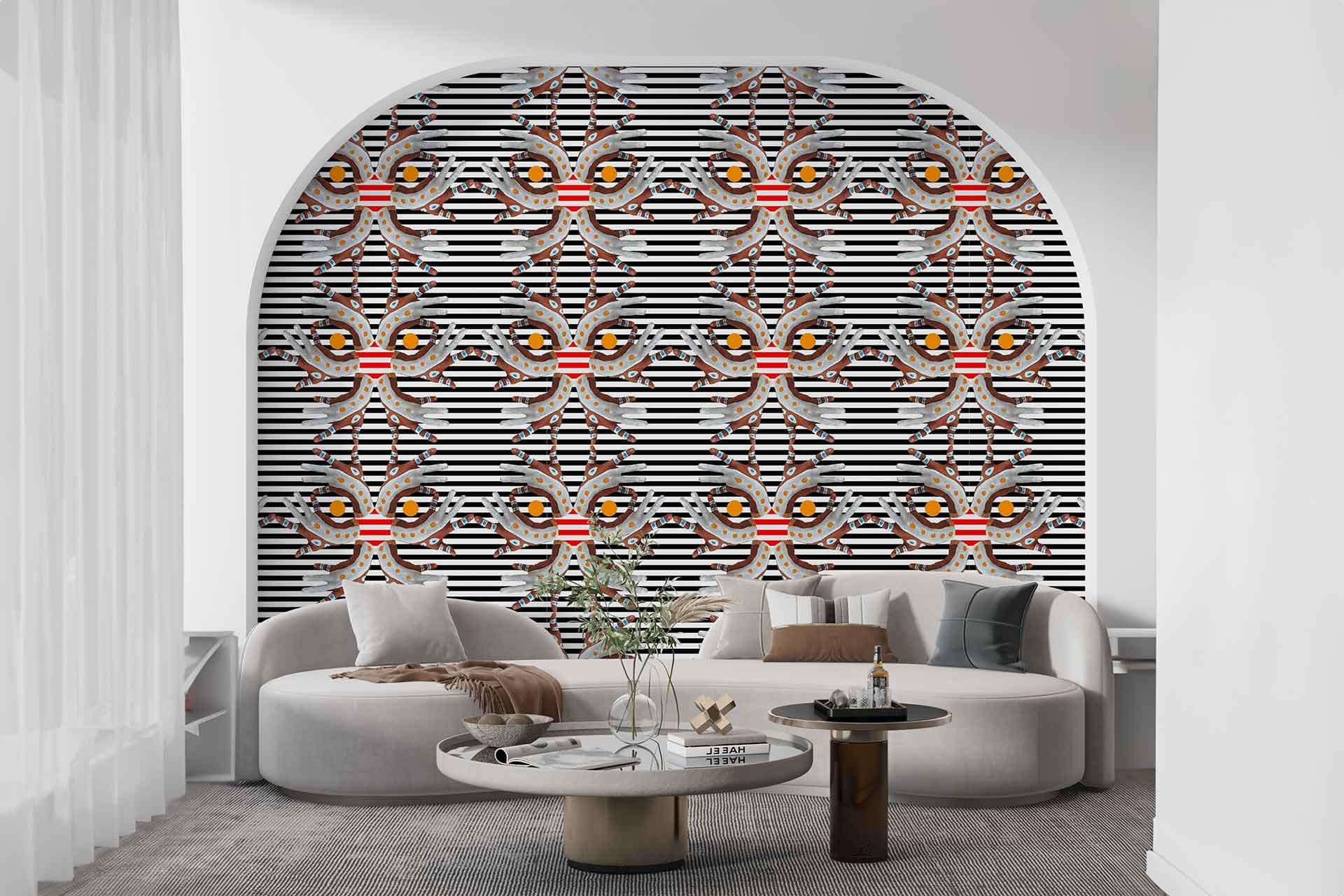 The wallpaper is a vibrant geometric mural featuring black, white, red, and gold colors. It showcases striped and intricate patterns that create a bold visual statement.
