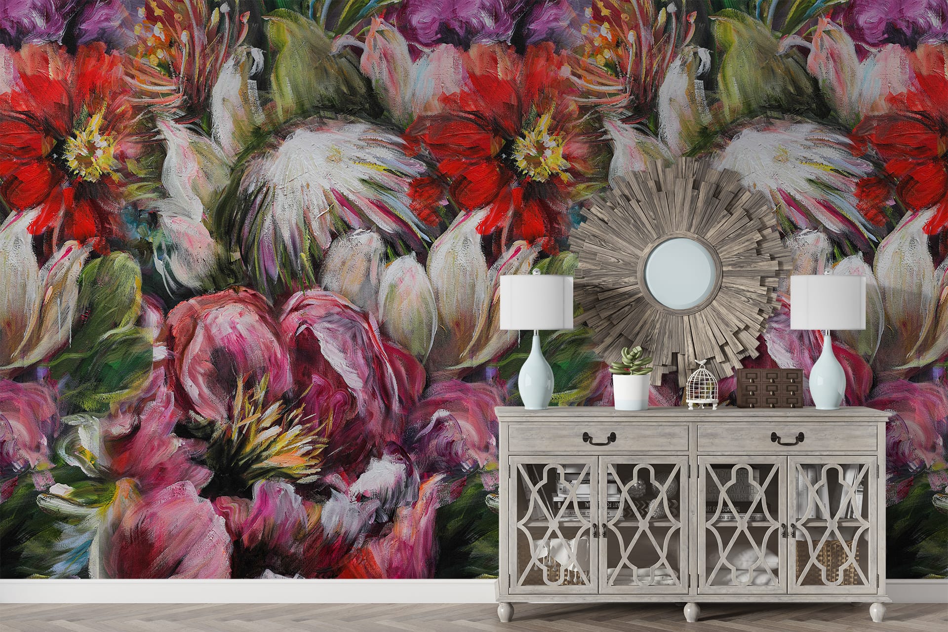 A vibrant floral mural with red, pink, and green hues.