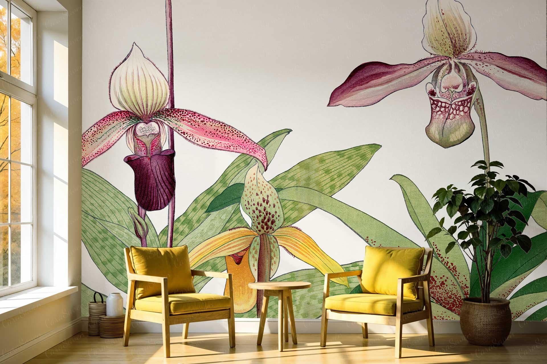 Detailed mural featuring vibrant orchids, lush green leaves, hidden tigers.