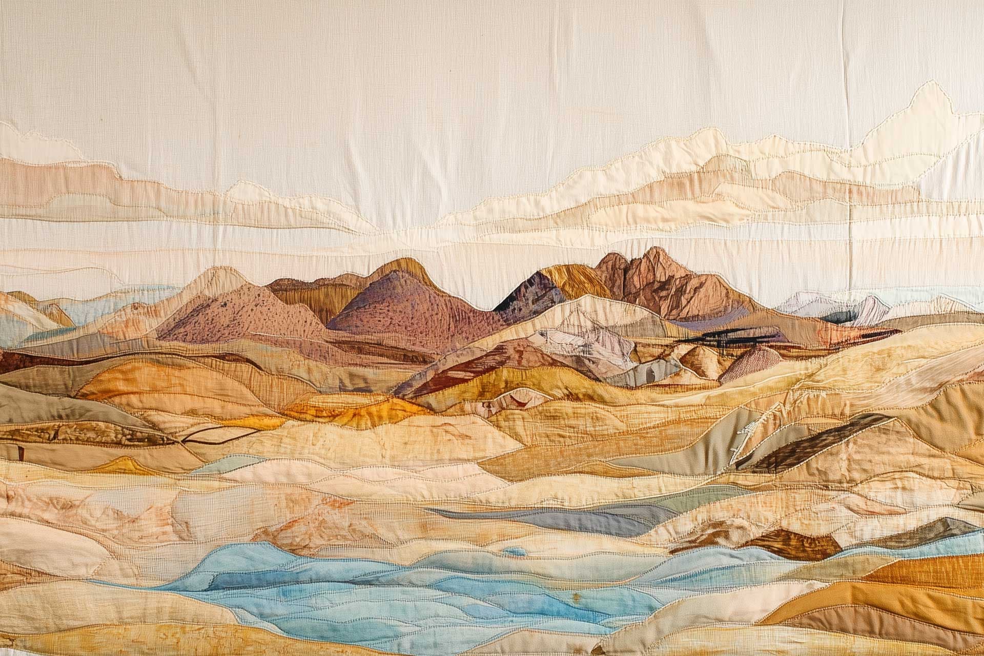 The wallpaper features a detailed tapestry artwork of a mountainous landscape showcasing layered hills in various hues of brown, beige, and cream. Soft clouds are depicted overhead, and subtle hints of blue suggest water in the foreground. The design highlights an earthy color palette with a touch of serene sky tones, creating a stunning visual effect for wall hanging purposes.