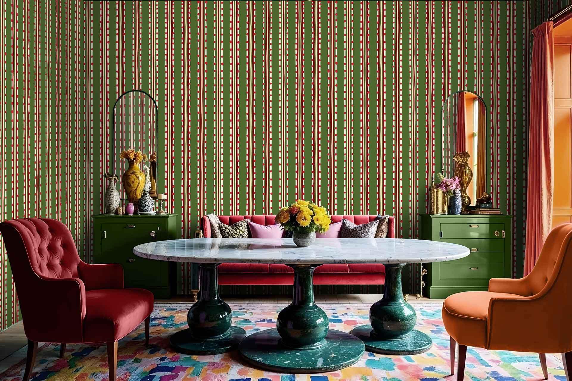 Green and red striped walls.