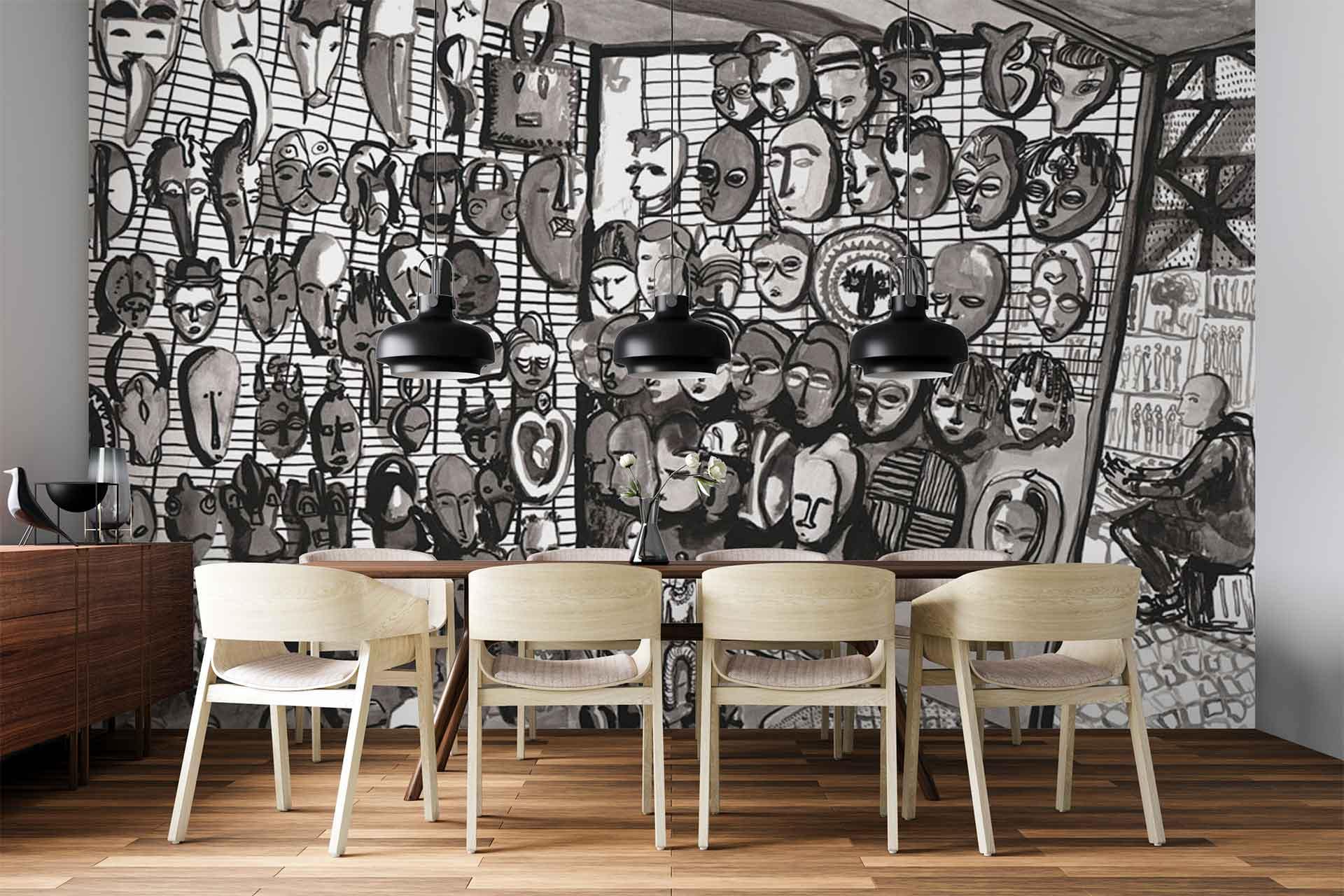 Monochrome abstract wallpaper featuring numerous hand-drawn faces and figures in various expressions, mostly black lines on a white background; bold, minimalist outlines; diverse facial features and artistic doodles create a busy yet harmonious pattern.