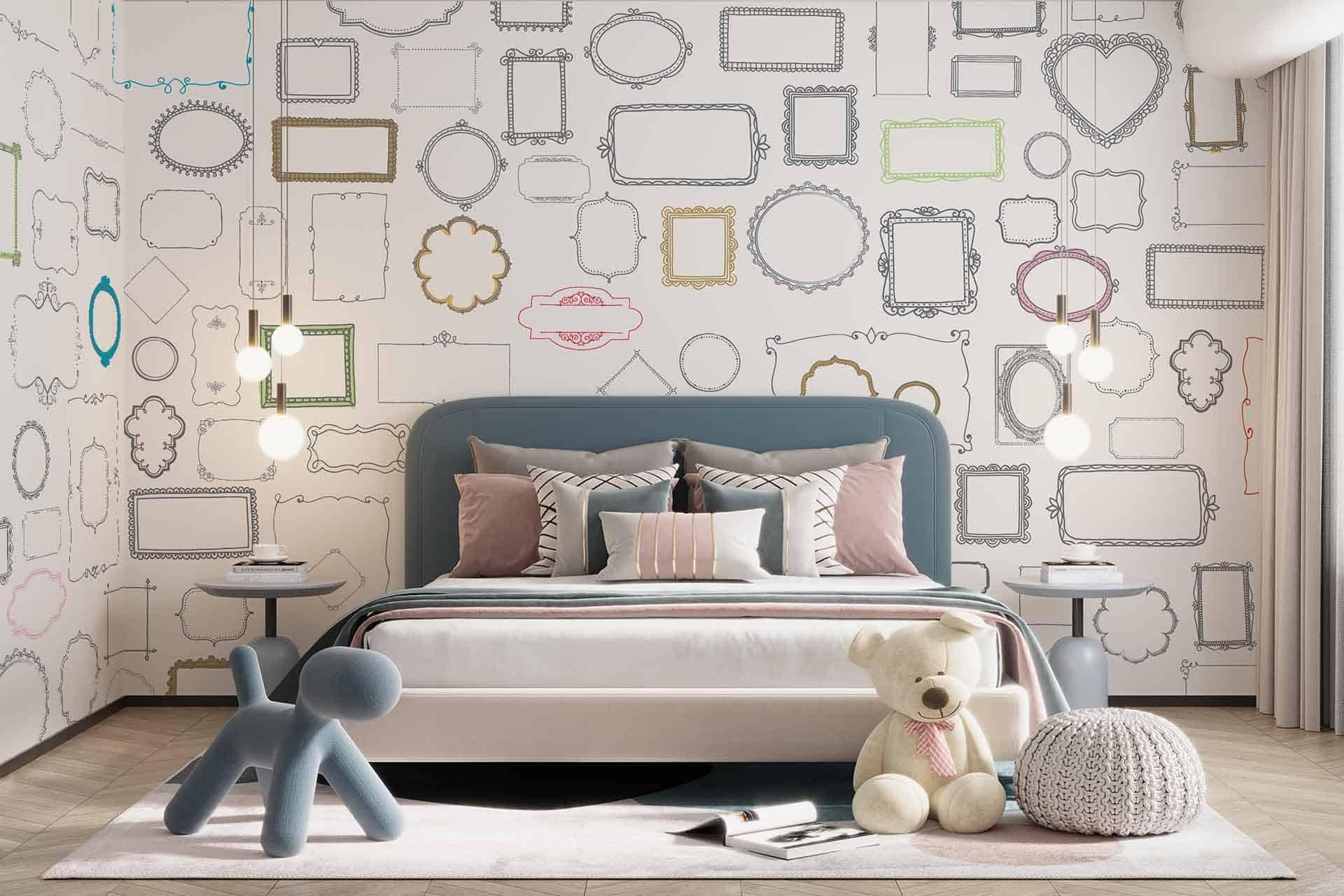 Kids wallpaper featuring whimsical animal prints and pastel stars in soft blues, yellows, and pinks brightens the wall behind the bed.