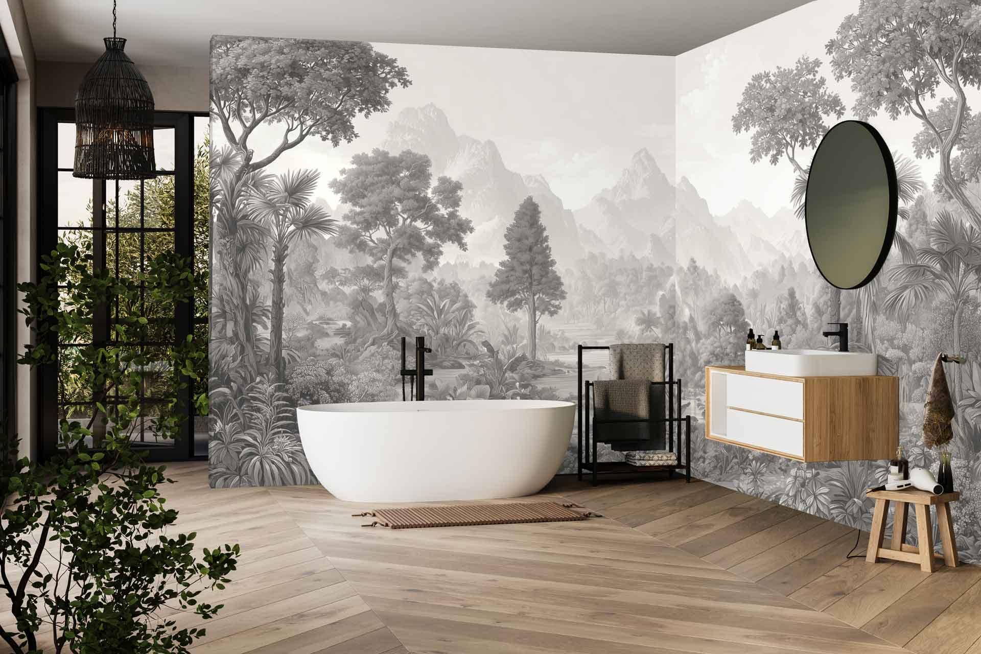Black-and-white jungle mural wallpaper featuring intricate foliage, tropical leaves, and exotic plant patterns dominates the bathroom wall. The monochrome design showcases a lush, detailed botanical scene in crisp black lines against a white background.