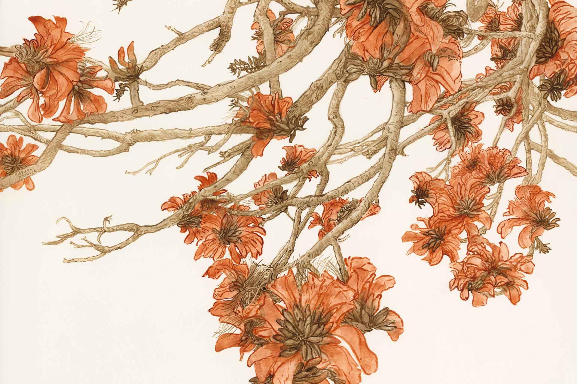 Botanical wallpaper featuring delicate tree branches, clusters of orange-red flowers, and brown stems on a light beige background. Artistic floral elements and soft earth tones create an elegant, nature-inspired design.