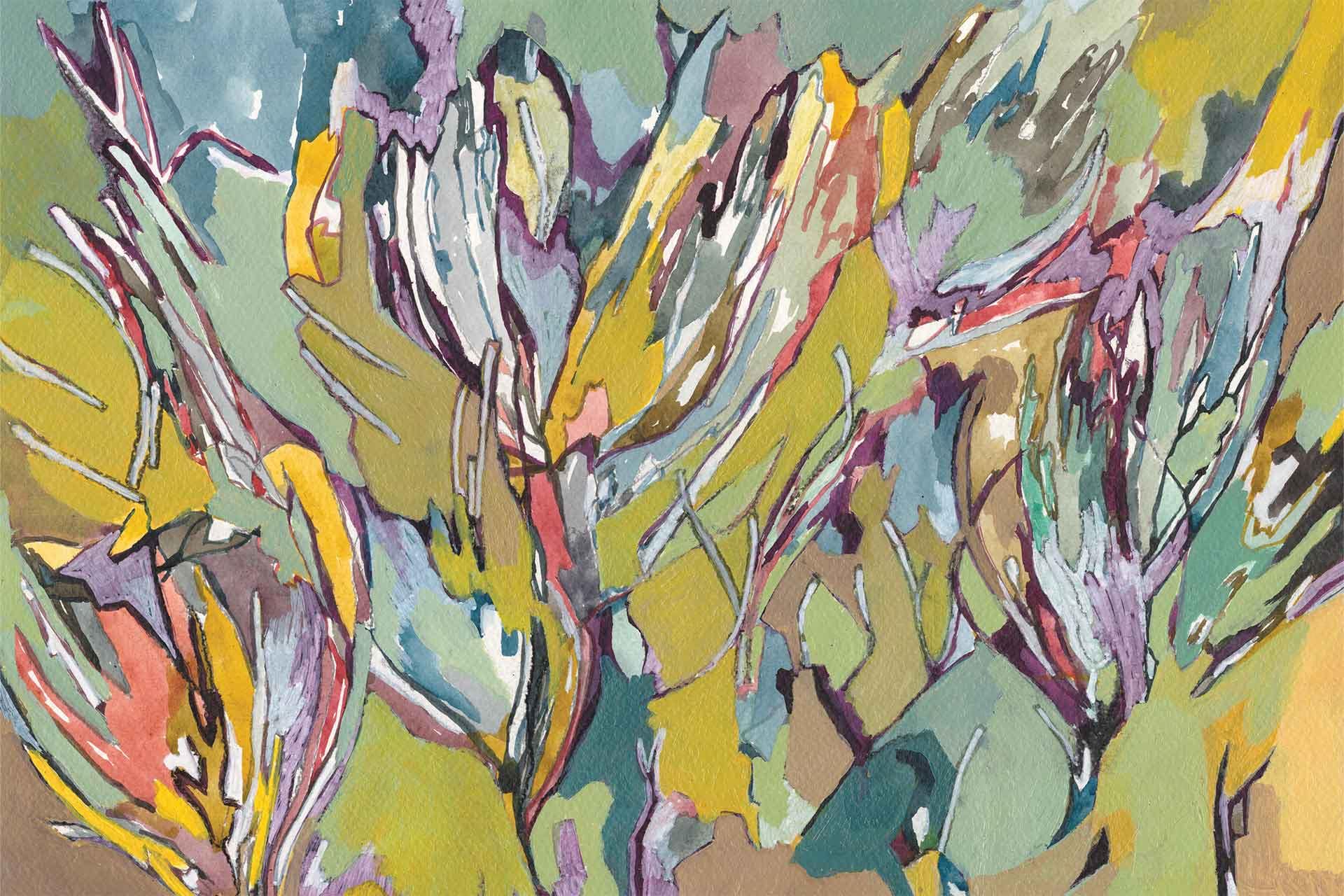 Wallpaper with abstract watercolor swirls in yellow, green, blue, and purple, featuring dynamic lines and leaf-like or floral shapes. The design creates a vibrant yet subtle background inspired by shifts in winter nature.