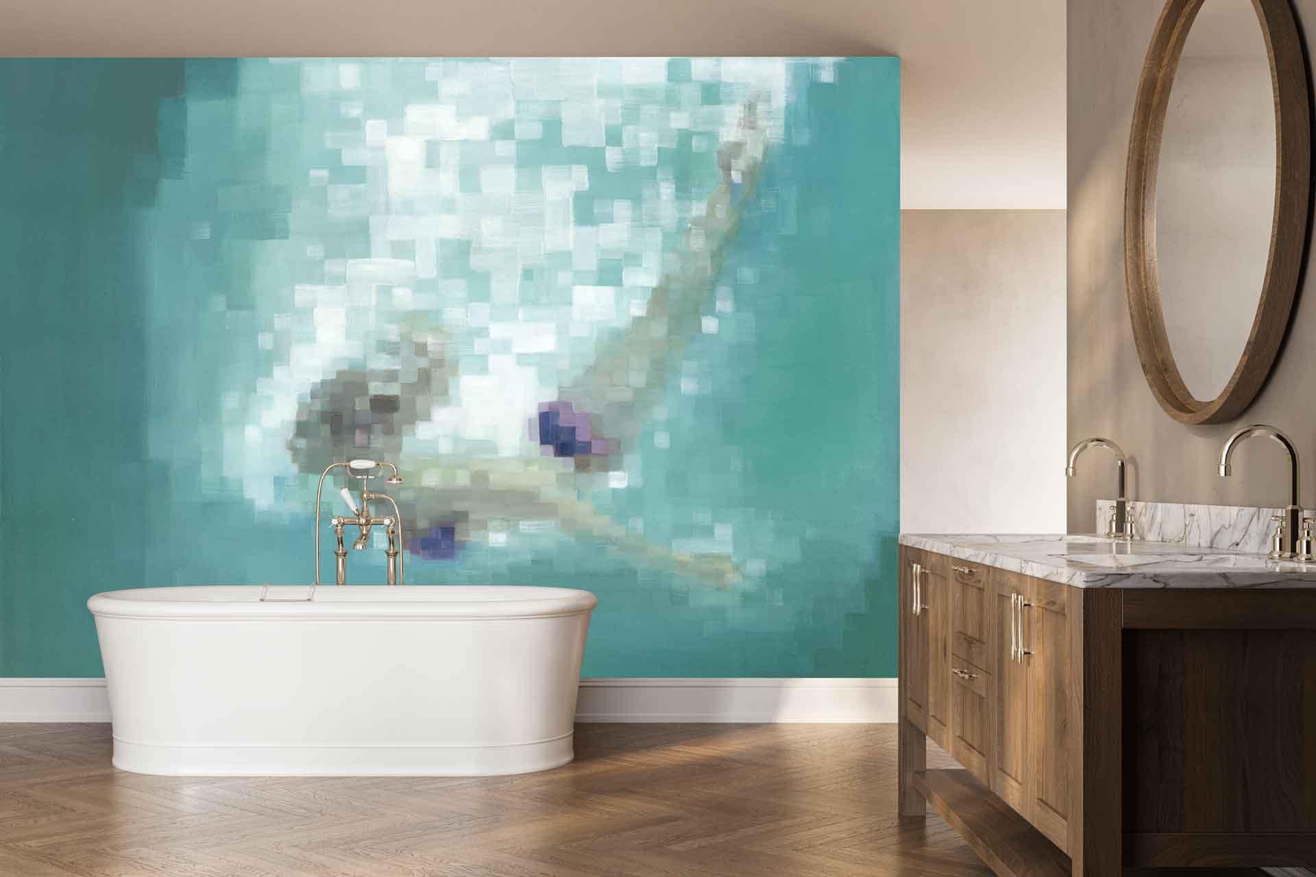 Pixelated mural wallpaper depicting a person swimming underwater, featuring varying blue hues, scattered white bubbles, and abstract shapes to evoke movement and depth.