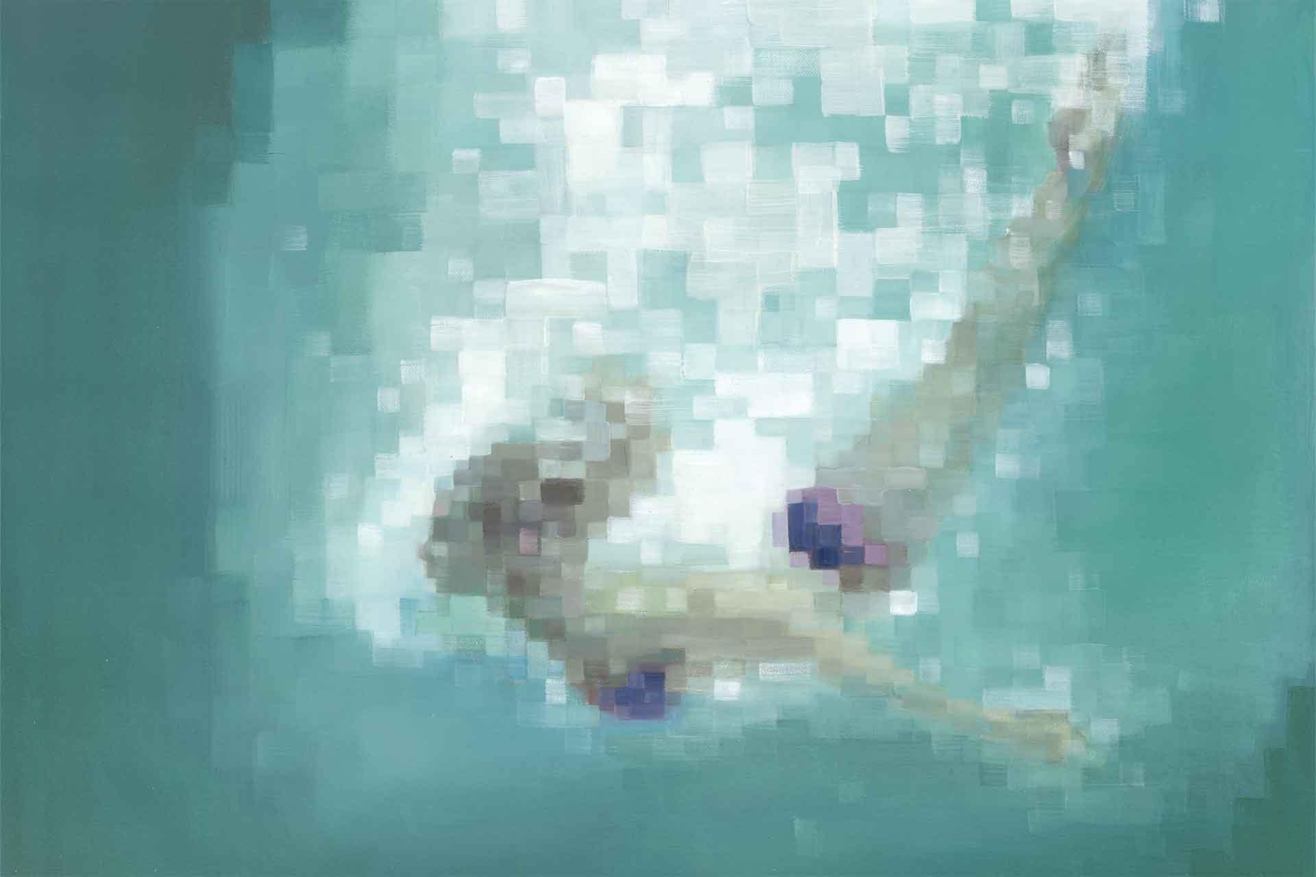 Pixelated blue and green background with shimmering light reflections, evoking an underwater scene. Soft gradients and scattered highlights create a lively, aquatic wallpaper effect.
