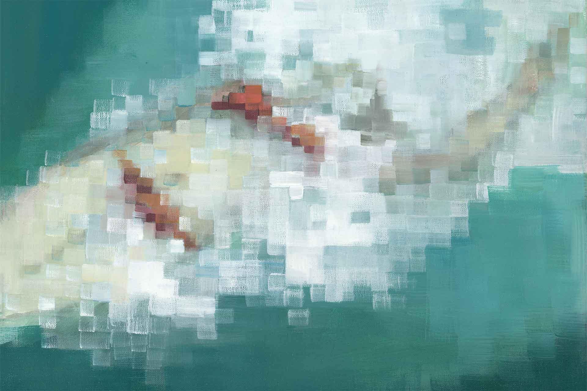 Pixelated blocks in turquoise and aqua hues with swirling white bubbles create an abstract water wallpaper. Red accents appear from a swimsuit strap among the flowing underwater forms, making a vibrant aquatic-themed background.