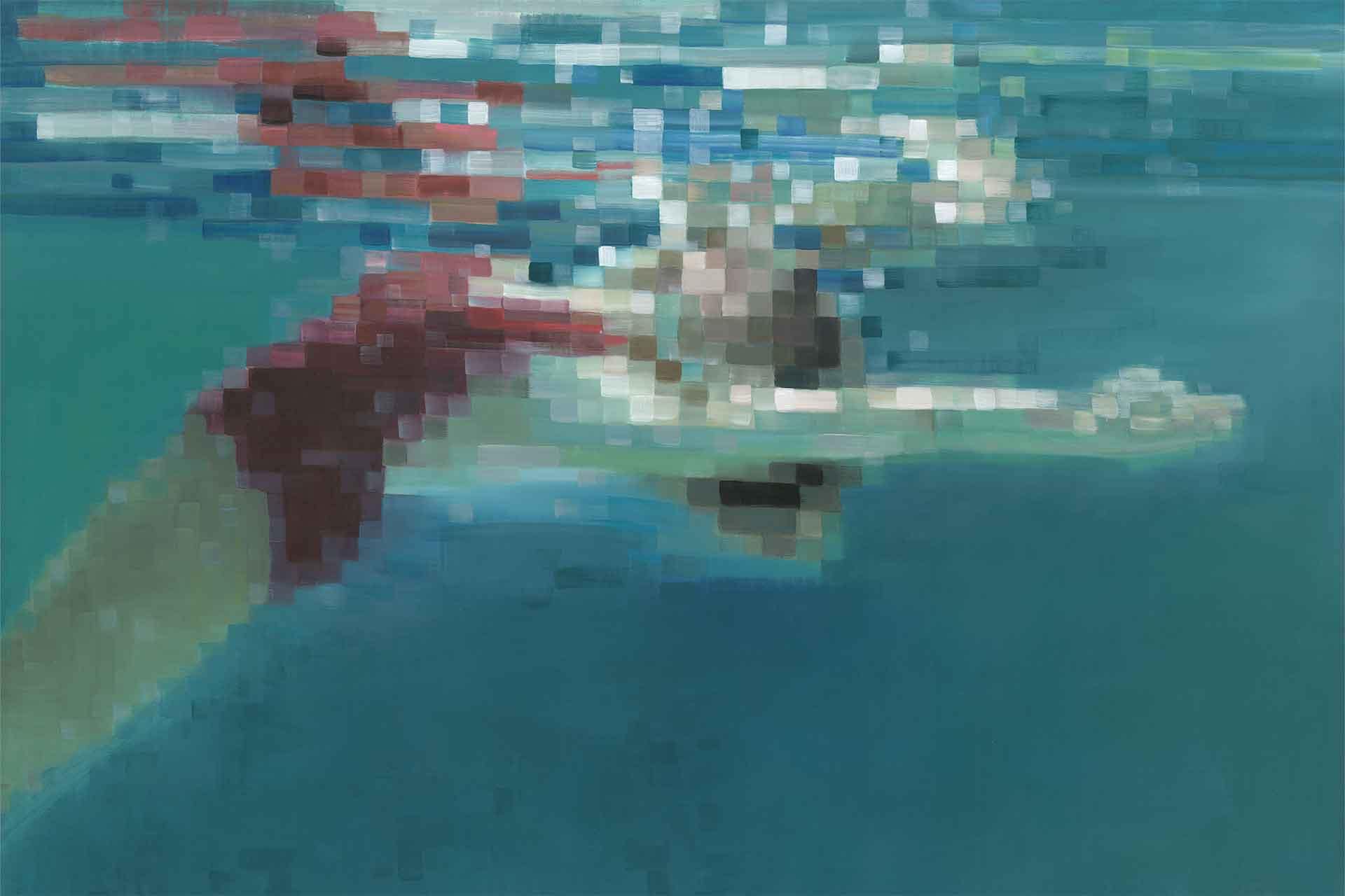 Pixelated blue-green underwater wallpaper with subtle gradients and soft, tranquil hues. The design features diffused light and gentle, dreamy patterns evocative of deep water ambiance. No visible swimmer; just serene aquatic tones ideal for a calming background.