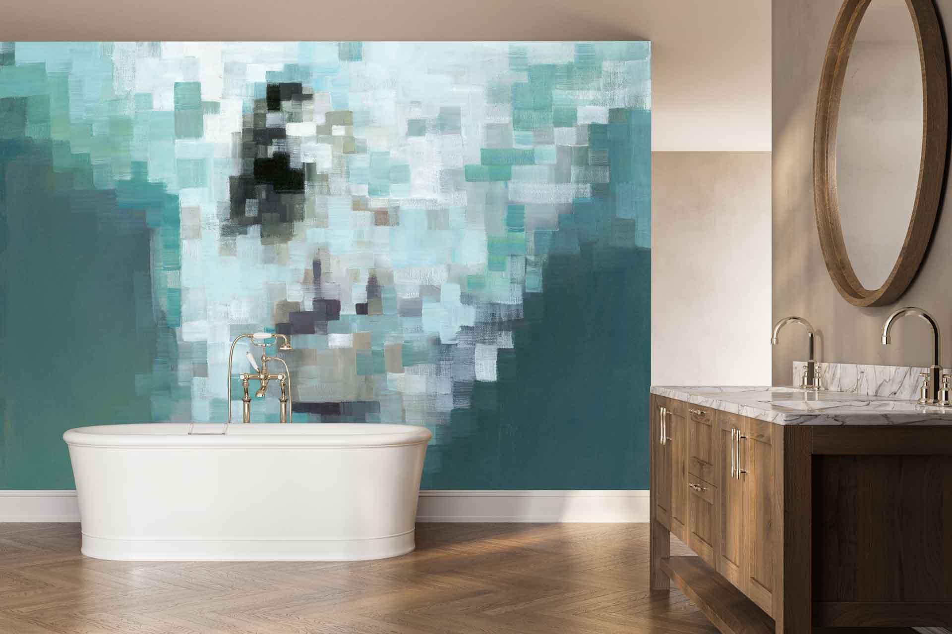 Large, abstract pixelated wallpaper in blue and white tones with distinct blocky shapes and gradients, creating a bold contemporary accent wall.