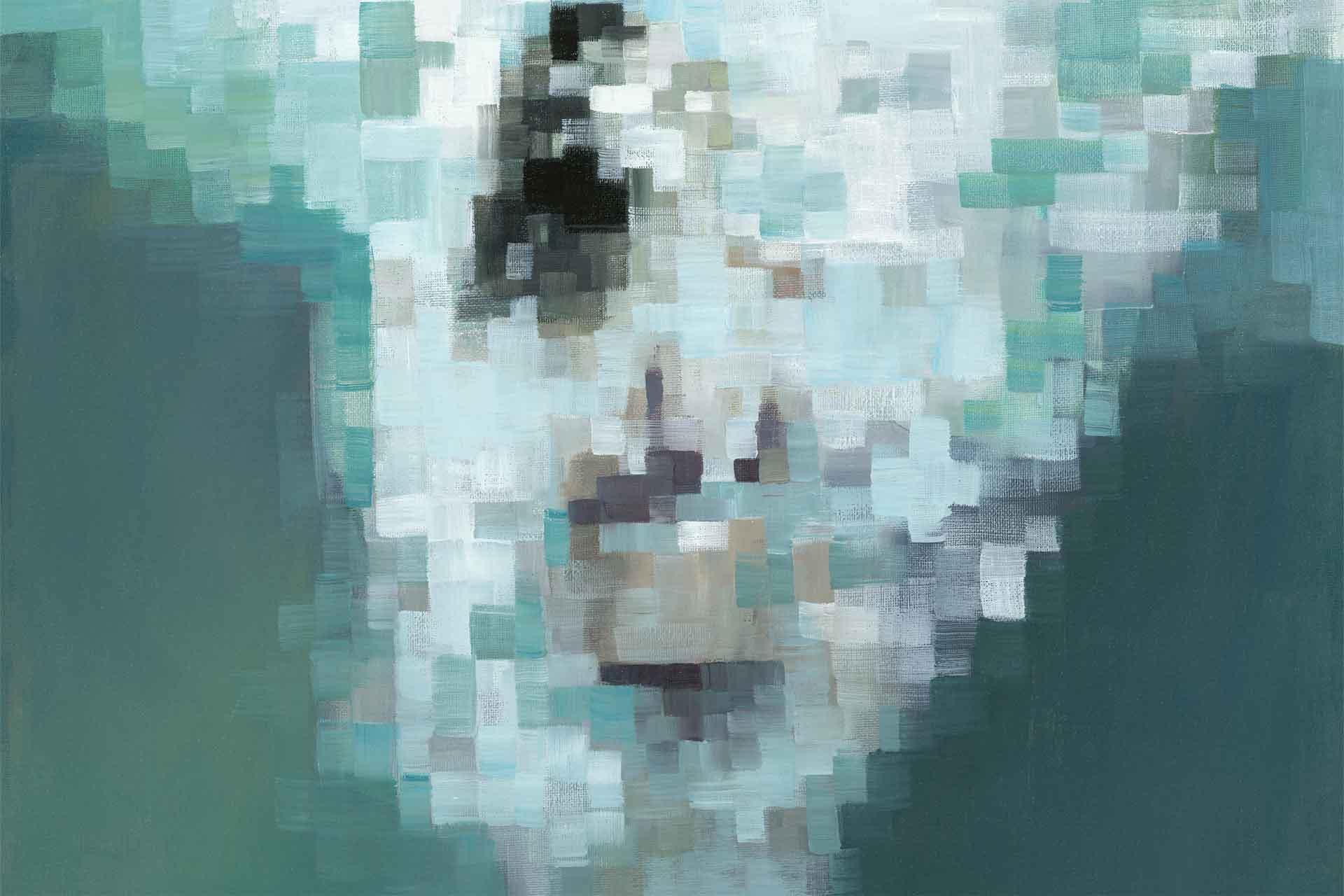 Abstract digital wallpaper with pixelated blue, white, and gray tones; square brushstrokes form a mosaic pattern. Blurred, fragmented design with geometric shapes prominent throughout the image.
