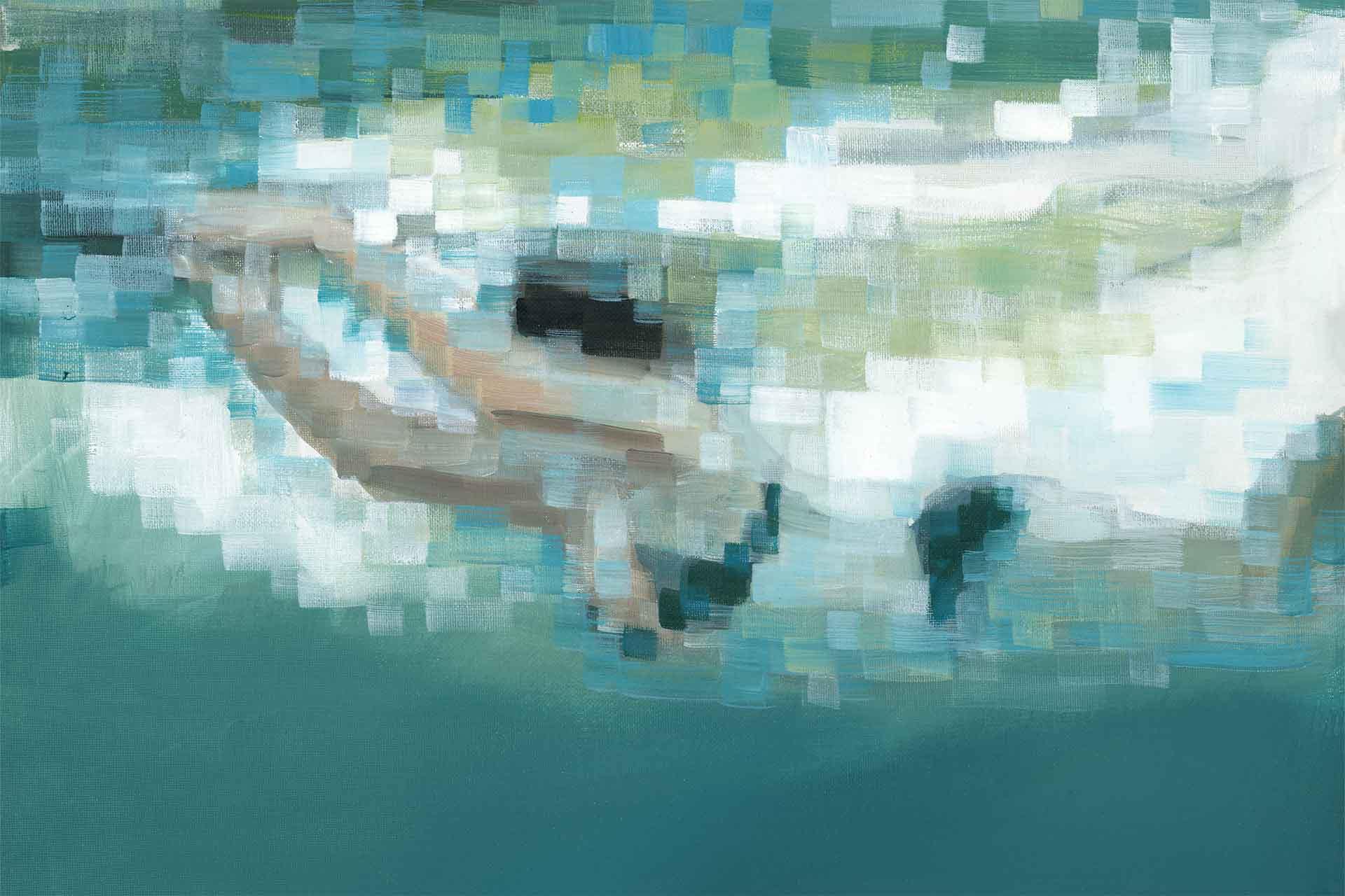 Pixelated wallpaper with blurred, blocky brushstrokes in aqua, blue, and green tones. Abstract aquatic background with distorted color patterns.