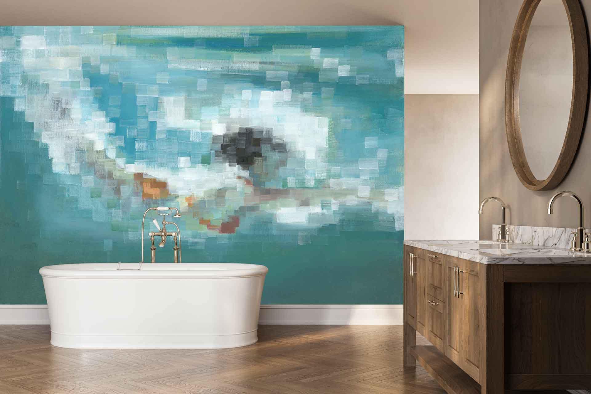 Large abstract wallpaper featuring a swimmer, with bold brushstrokes in blue, white, and hints of tan. The dynamic composition and fluid shapes create a modern focal point on the bathroom wall.