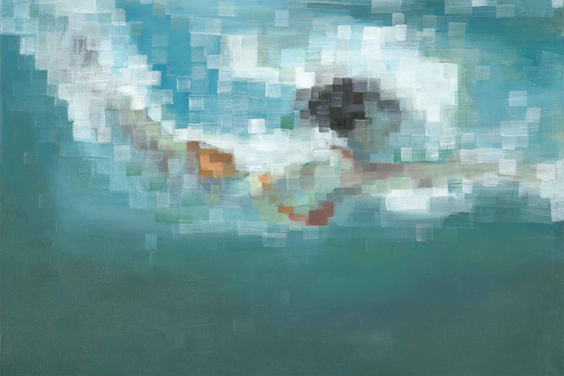 Abstract, pixelated wallpaper featuring blurred shades of blue and green with a digital effect. Distinct blocks of color evoke an underwater atmosphere, making it ideal as an aquatic-themed background or digital art wallpaper.