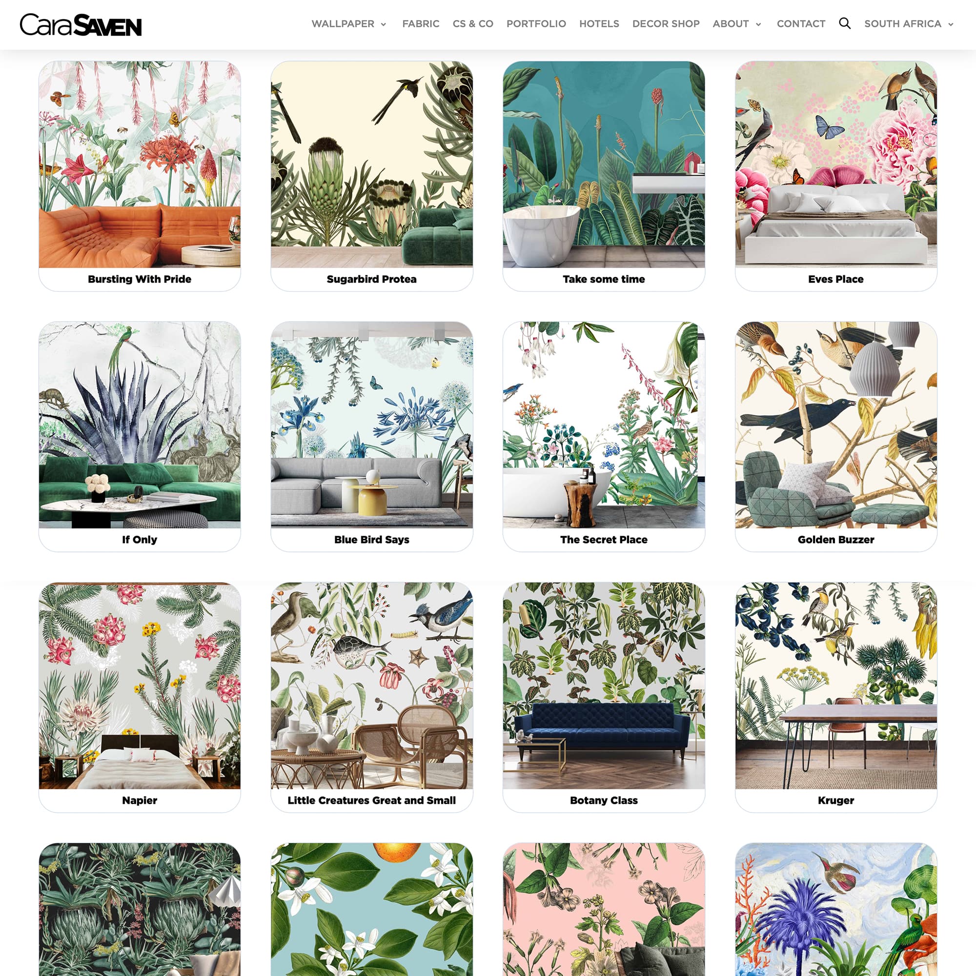 A grid of 15 botanical wallpaper designs with vibrant colors, featuring floral patterns, leafy plants, and animal illustrations in varied styles and palettes—greens, pinks, blues, yellows—from the Cara Saven collection. Room settings not shown.