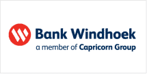 The wallpaper features a red circular emblem with stylized white lines, blue text for "Bank Windhoek," and smaller blue letters reading "a member of Capricorn Group.