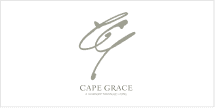 **Cape Grace Logo Design:**
- **Initials:** "CG" in elegant, stylized cursive.
- **Font Style:** Timeless carousel charm.
- **Color Palette:** Gold and deep navy blue for initials; black or charcoal grey for text.
- **Text:** "Cape Grace - A Signature Landmark Hotel."
- **Background Color:** Crisp white.