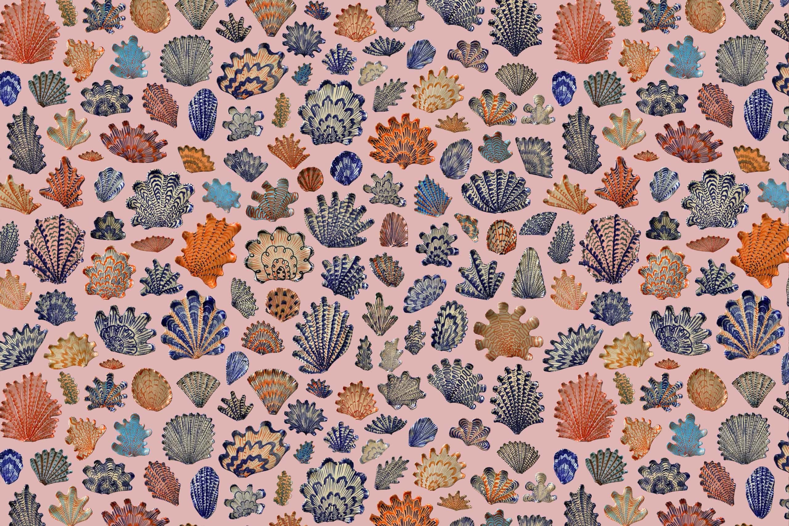 A seamless wallpaper pattern featuring vibrant coral illustrations in shades of orange, blue, green, and purple against a light peach background. The corals vary in shape and size for an intricate underwater-themed design. Elements include diverse coral shapes and vivid colors creating a dynamic effect.