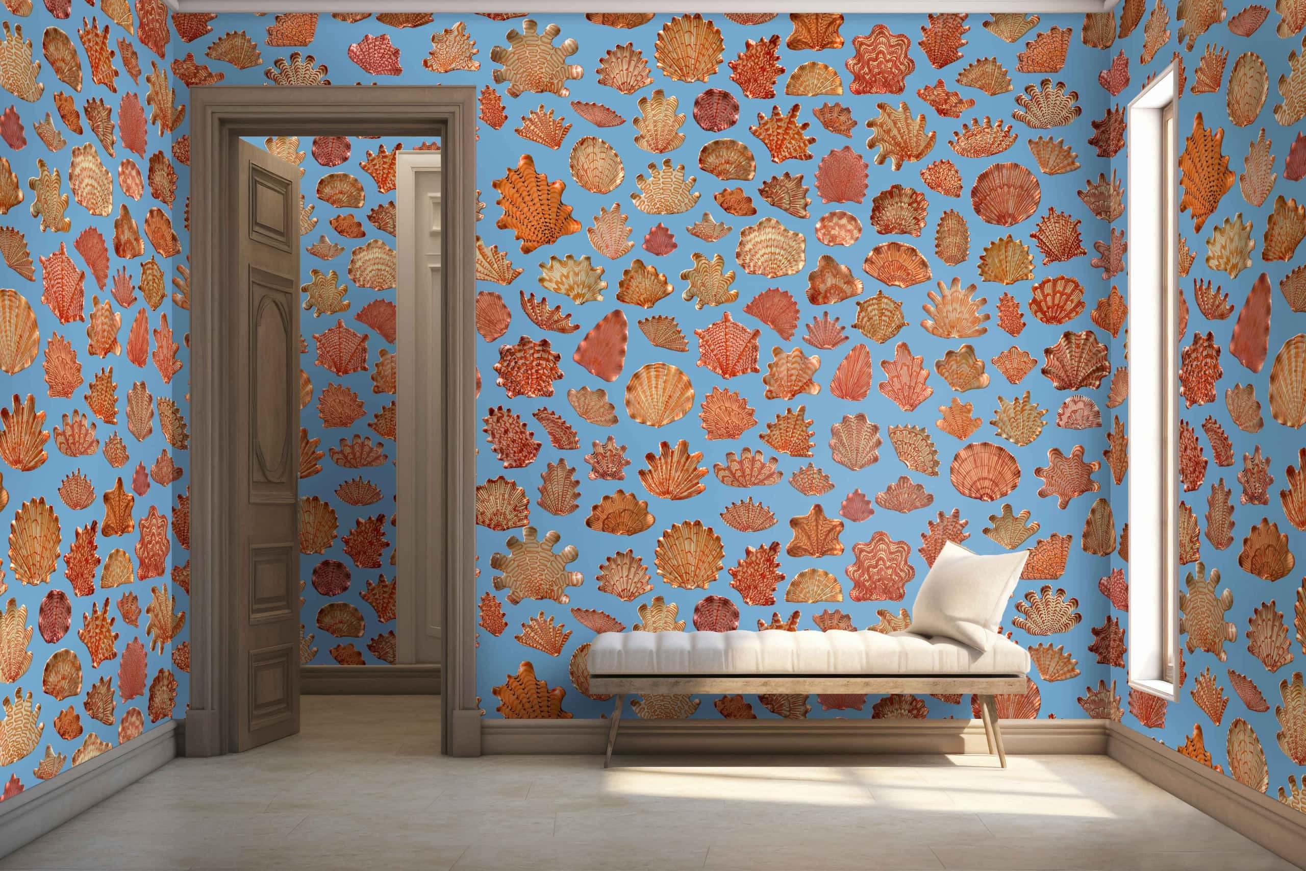 Colorful leaf-patterned wallpaper featuring shades of orange, red, and gold leaves on a blue background.