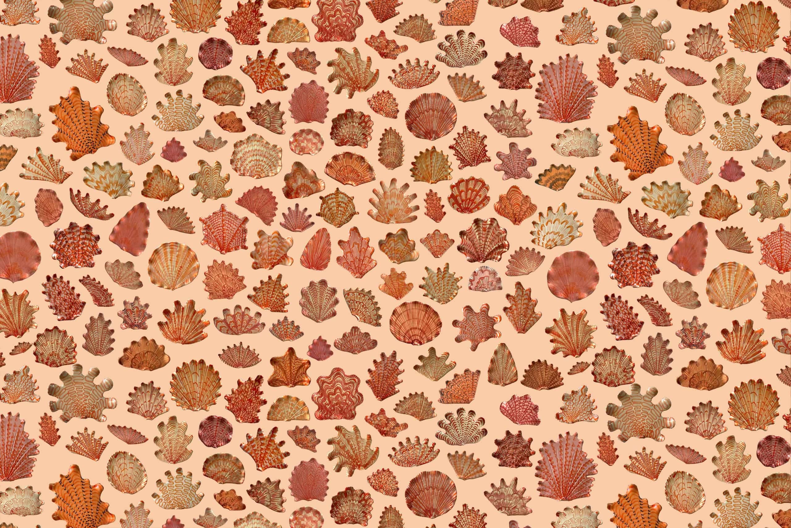 Colorful seamless wallpaper featuring intricately designed leaves in orange, red, and brown on a pale beige background. Unique shapes and textures create a visually rich mosaic.