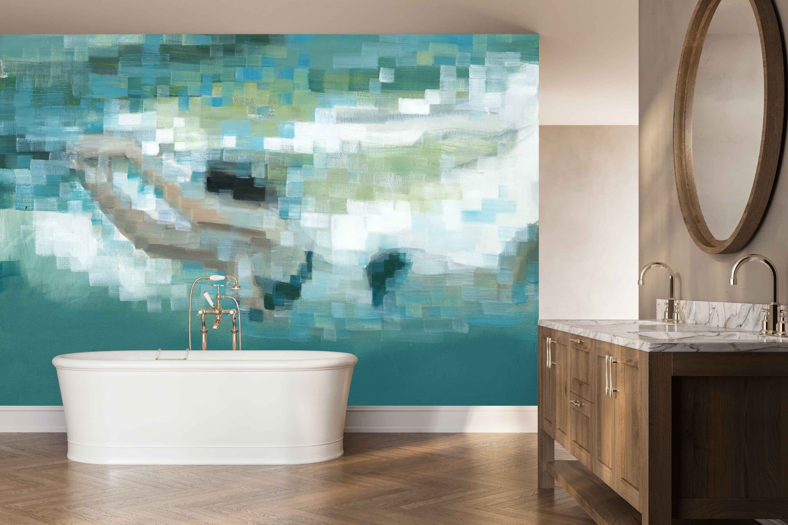 Large abstract art mural wallpaper featuring bold swirls and shapes in blue, green, and white tones.