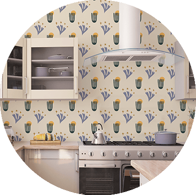 A modern kitchen features a floral-patterned wallpaper with blue and yellow flowers.