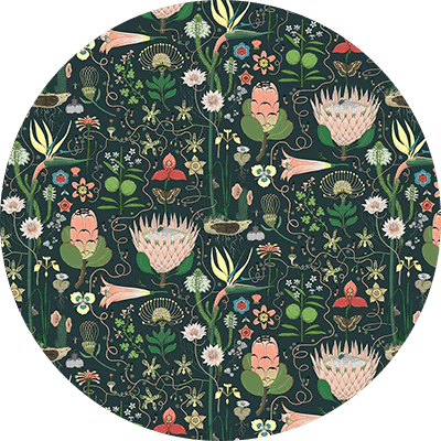 Featuring a vibrant circular illustration from CS & Co, this botanical wallpaper showcases a variety of stylized flowers, leaves, and buds in shades of pink, green, and yellow. The design is intricate and detailed against a dark background. Elements include floral patterns with emphasized intricate details in bright colors.