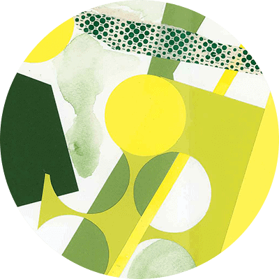 A circular abstract composition with geometric shapes and patterns in shades of green, yellow, and white. Featuring circles, rectangles, and hexagonal textures. This vibrant, modern collage highlights the dynamic combination of these elements and colors, perfect for a striking wallpaper design.