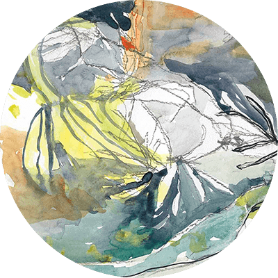 A circular abstract painting features overlapping organic shapes in grey, yellow, and green, with hints of black and orange. The mix of muted and vibrant colors creates a dynamic yet fluid appearance. Brushstrokes and lines add motion akin to CS:GO artwork.