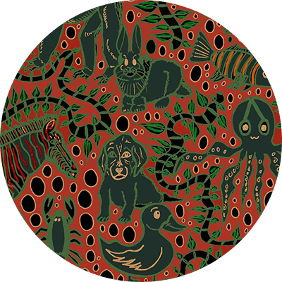 A circular wallpaper by CS & Co features a zebra, rabbit, dog, octopus, fish, duck, and crab. The design is set against a vibrant red background adorned with black and green abstract patterns and leafy vines.
