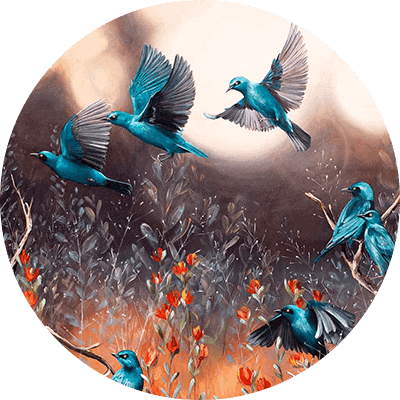 The wallpaper features vibrant blue birds in flight and perching within green foliage and red flowers, set against a warm, softly lit background. Key elements include: blue birds, green leaves, red flowers, natural setting, illuminated backdrop.