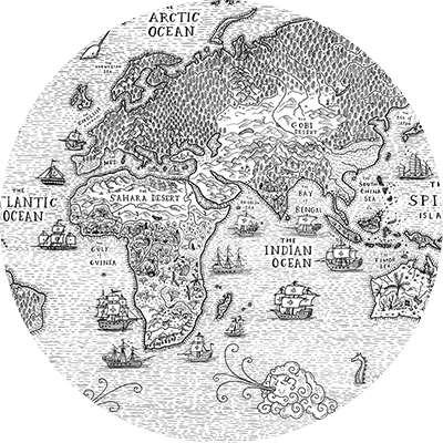 Vintage map wallpaper: illustration, Europe, Africa, Asia; Sahara Desert, Gobi Desert; oceans; stylized sea creatures, ships; decorative elements. Colors: sepia tones, muted blues and greens for oceans and landmasses.