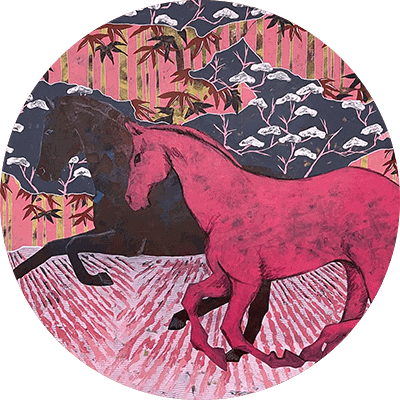 The wallpaper presents two horses, one black and one red, galloping side-by-side across a stylized landscape. The background is a symphony of vibrant hues: bold blue stripes create dynamic movement while interweaving with lush, oversized floral patterns in vivid pinks, yellows, and greens. Abstract elements like swirling gold lines and splashes of turquoise bring an otherworldly charm. The entire scene is alive with energy, evoking the signature style of CS & Co., where nature meets abstraction in a harmonious dance of colors and shapes.